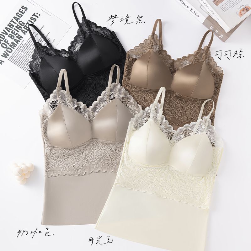 Trendy Sexy Satin Lace Camisole with Integrated Fixed Cup, Seamless Back, Plus-Size Base Tank Top for Women