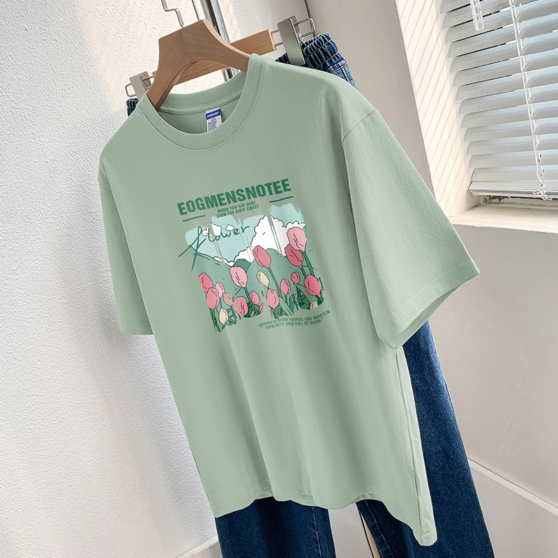 260g Heavy Cotton T-shirt Women's Short-sleeved High-end Printed Niche Chic Top Summer Loose Half-sleeved T-shirt