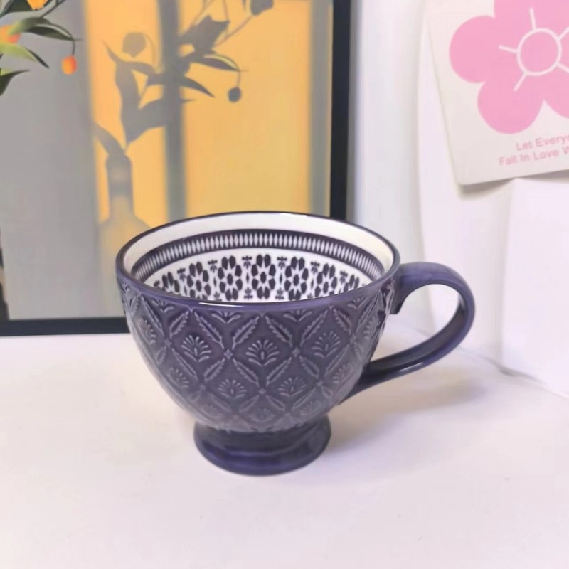 小清新北欧風陶磁器手描きカップオート麦牛乳コーヒーカップ模様彫刻カップ個性電子レンジ微瑕|undefined