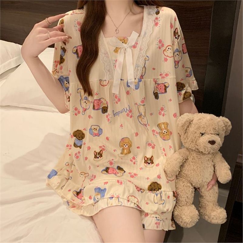 Cross-border New Summer Pajamas Women's Suit Short-sleeved Shorts Pullover Lace Sweet Princess Style Outwear Home Clothes