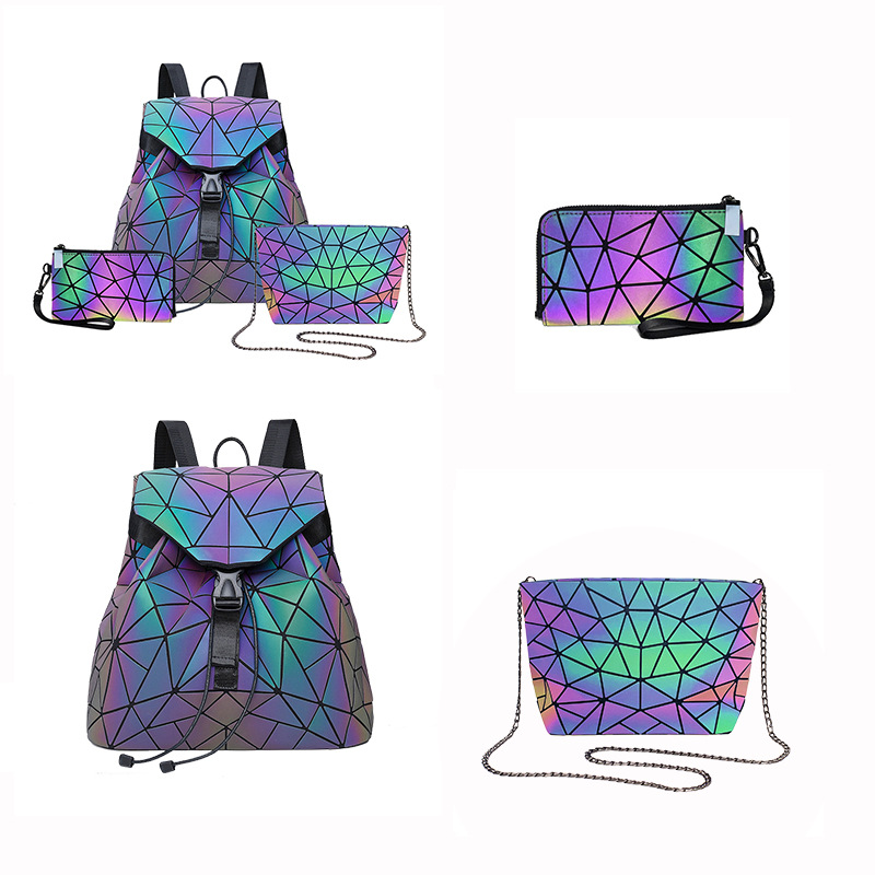 Dreiteiliger leuchtender, faltbarer, reflektierender geometrischer Rucksack mit Diamantgitter, bunt_voghion.com