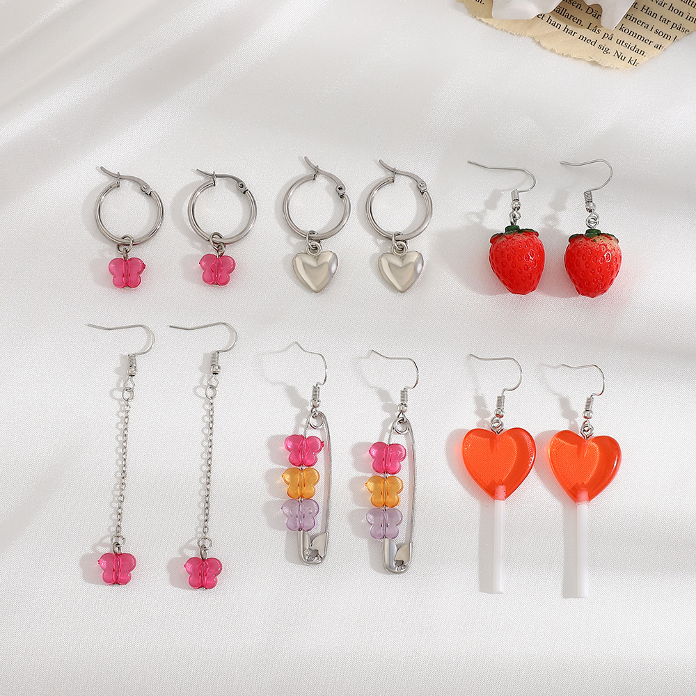 Fashion Heart Shape Strawberry Butterfly Resin Enamel Women's Drop Earrings 1 Set display picture 3