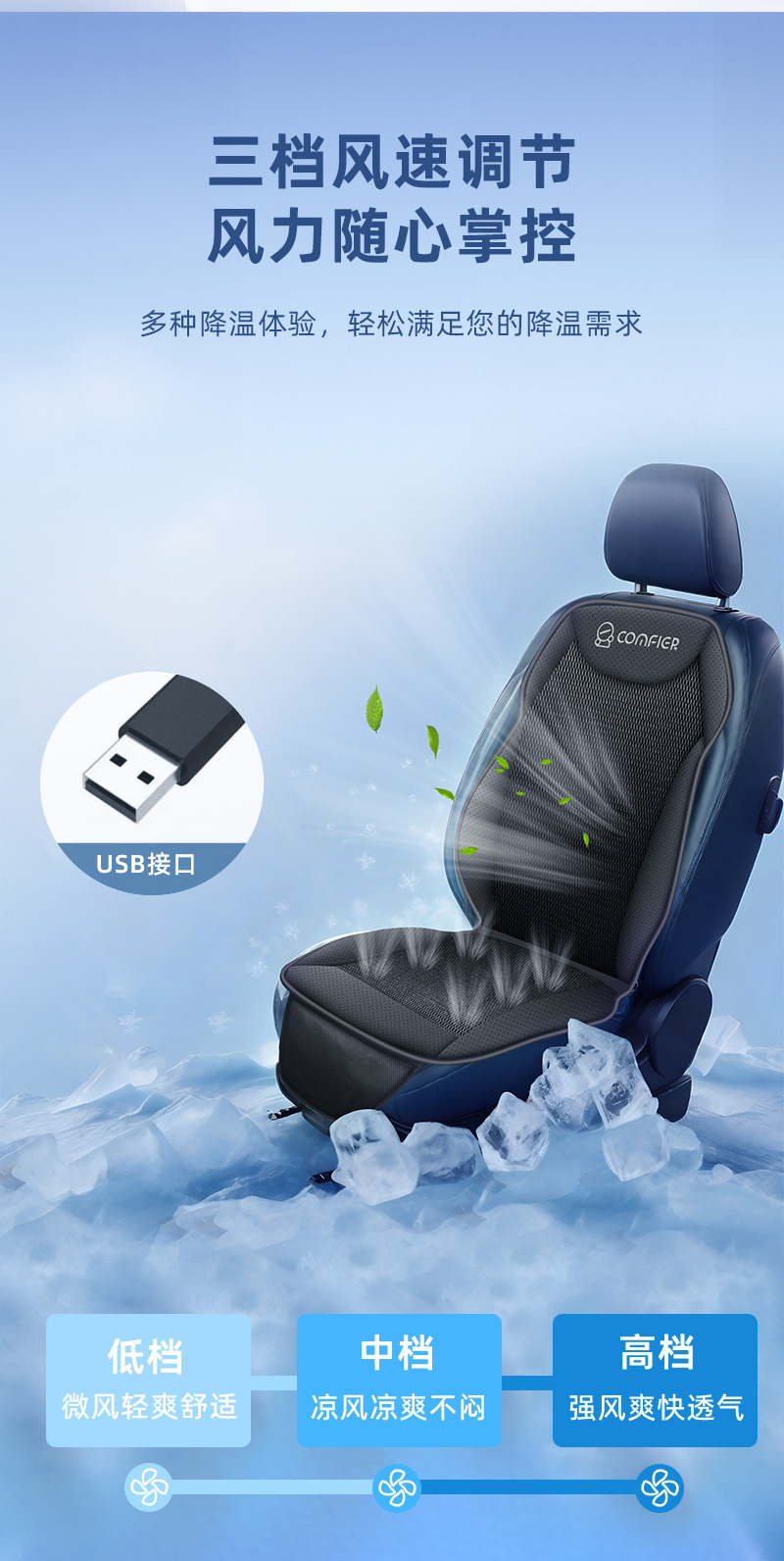 Summer car ventilation seat cushion, cooling seat pad, summer cool breathable cooling pad, truck backrest with fan