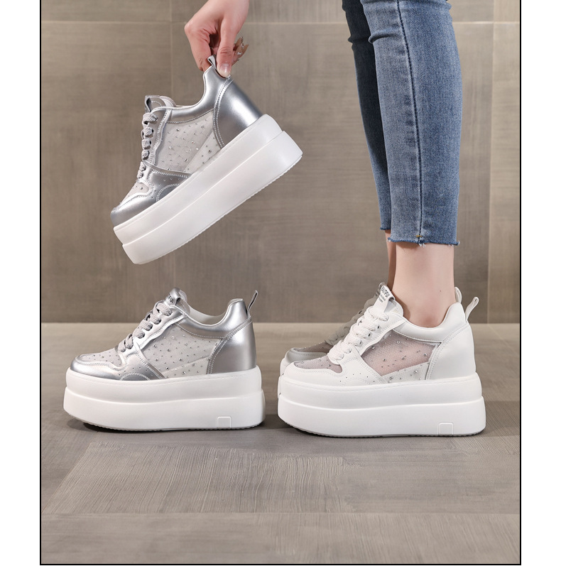 Giày sneaker nữ đế dày tăng chiều cao, mặt lưới thoáng khí, phối trắng đa năng — bạc trắng chi tiết 17