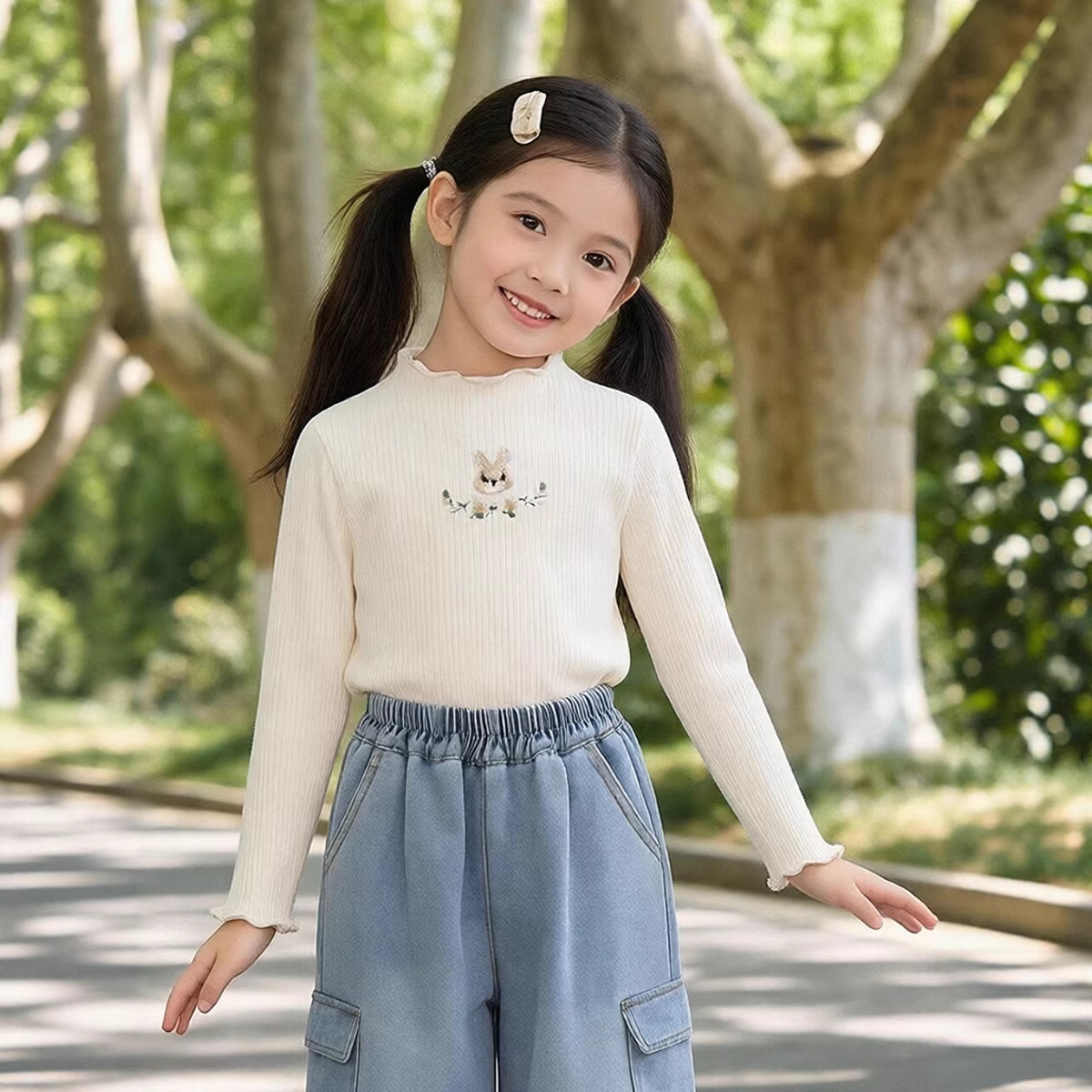 Camiseta de Manga Larga Elástica de Terciopelo Acanalado para Niñas MDD, Otoño 2023, Bordado de Conejito, Estilo Coreano, Ropa para el Festival del Medio Otoño