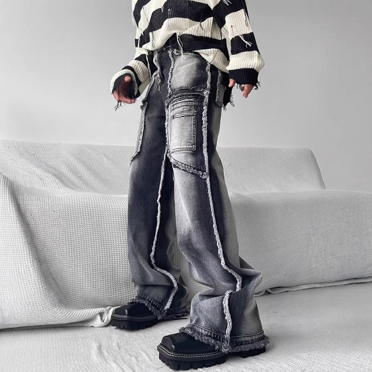 High Street Niche Design Tooling Jeans Men's Loose Straight Autumn And Winter Rough Edge Casual Trousers Ins Trendy Trousers_viptrois.com