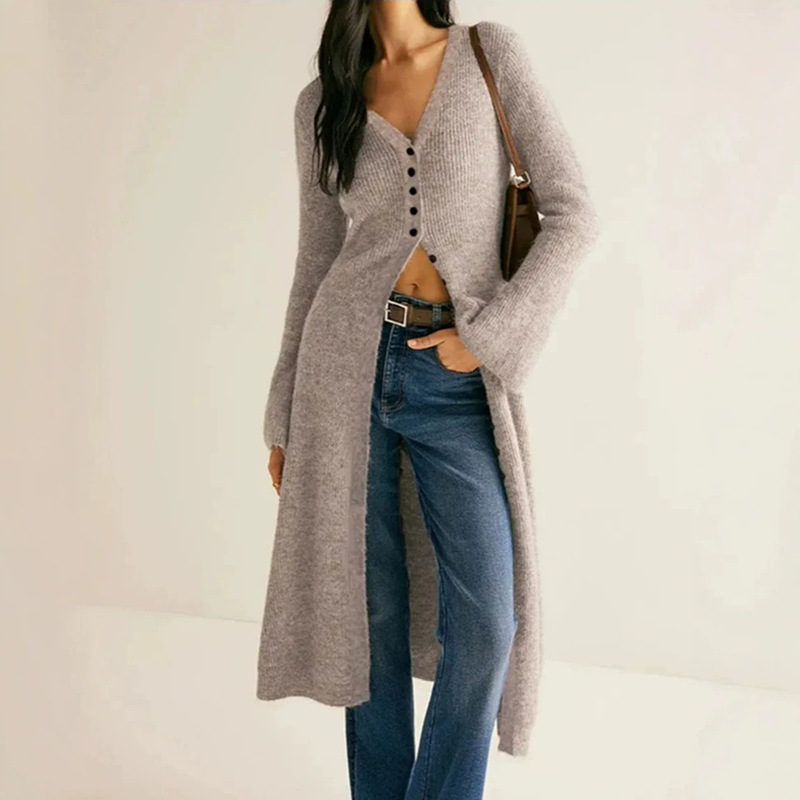 European-style women's long knitted cardigan, new autumn and winter slim-fit single-breasted simple and elegant solid color sweater coat European-style women's long knitted cardigan, new autumn and winter slim-fit single-breasted simple and elegant solid color sweater coat