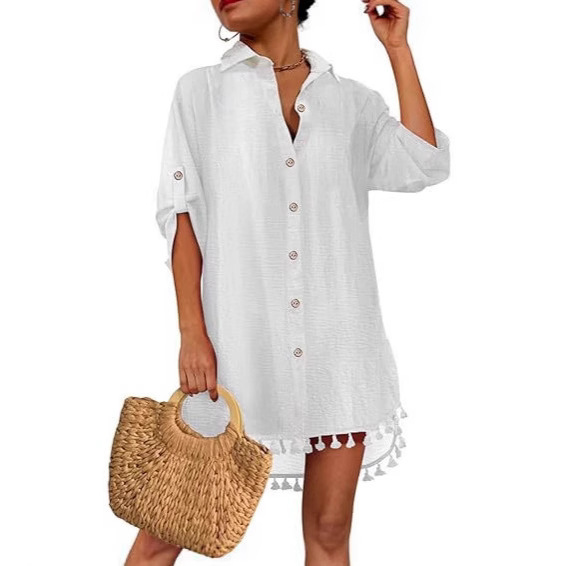 Amazon 2025 New Summer European and American Cross-Border Seaside Vacation Pure Color Shirt Tassel Lace Bikini Cover-Up