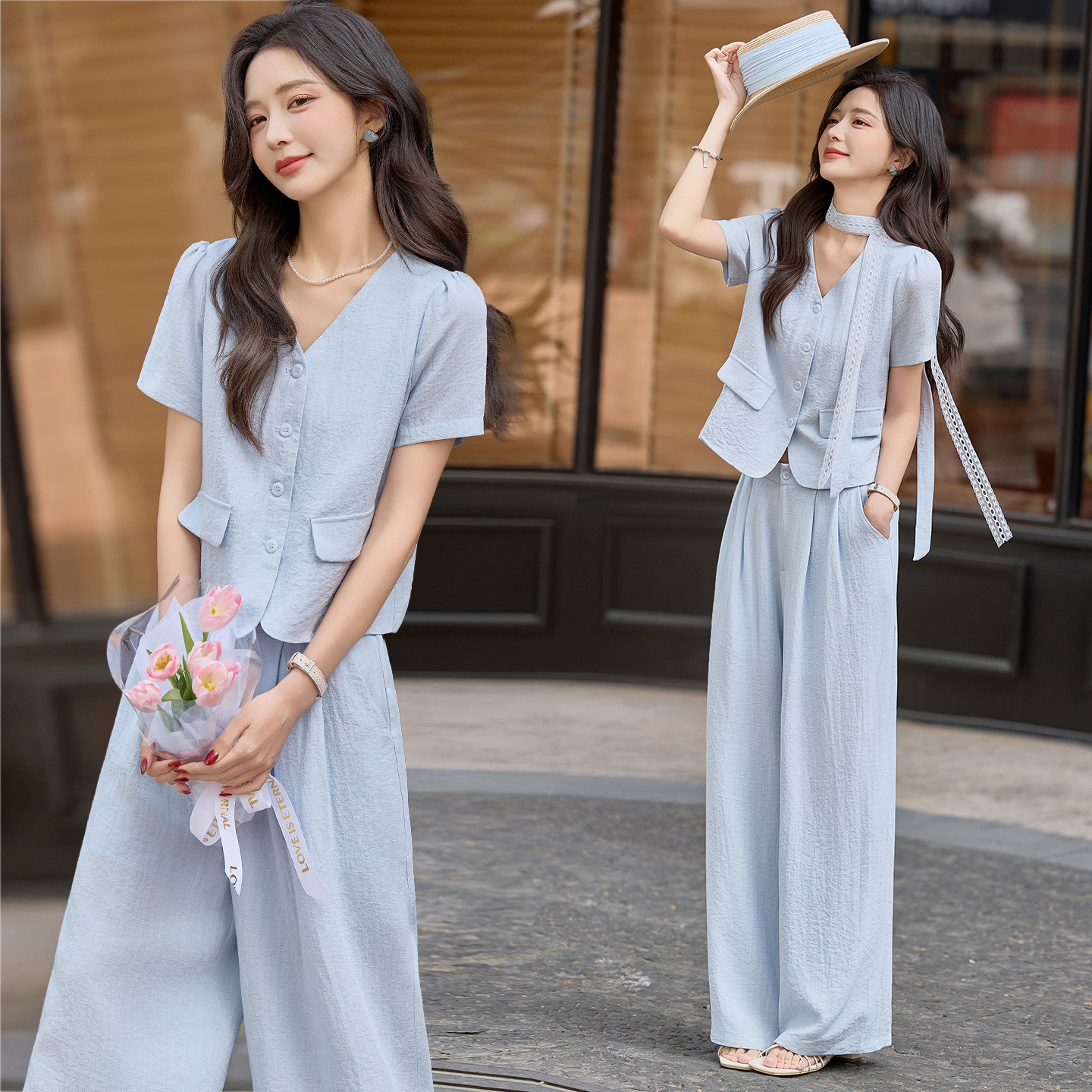 Bộ quần áo hai mảnh nữ mùa hè 2026 áo sơ mi cổ V tay ngắn phối quần ống rộng — Màu ảnh