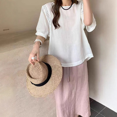 上海ラネージュ韓国風ラウンドネックラミー半袖シャツ女性のための 2025 夏の新しいルーズランタンスリーブトップ 250224