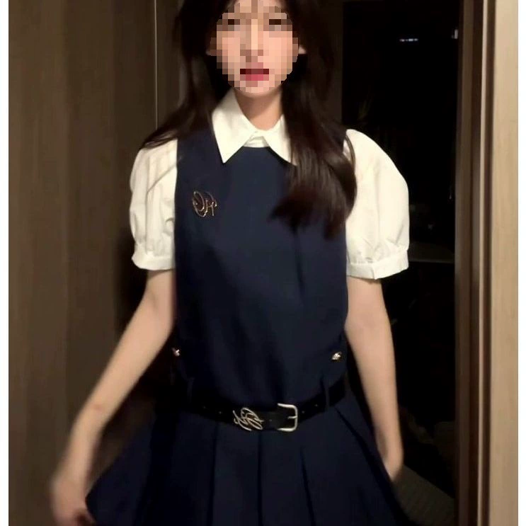 Летний женский костюм в стиле колледжа, корейский ретро,  укороченный, с воротником поло, пышными рукавами, жилетом и платьем, комплект из двух предметов