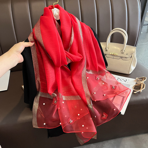  Autumn and Winter New Model Simulated Silk Scarf Women's Butterfly Embroidered Beading Fashion Scarf Warm and Cold-proof Shawl Thin Style