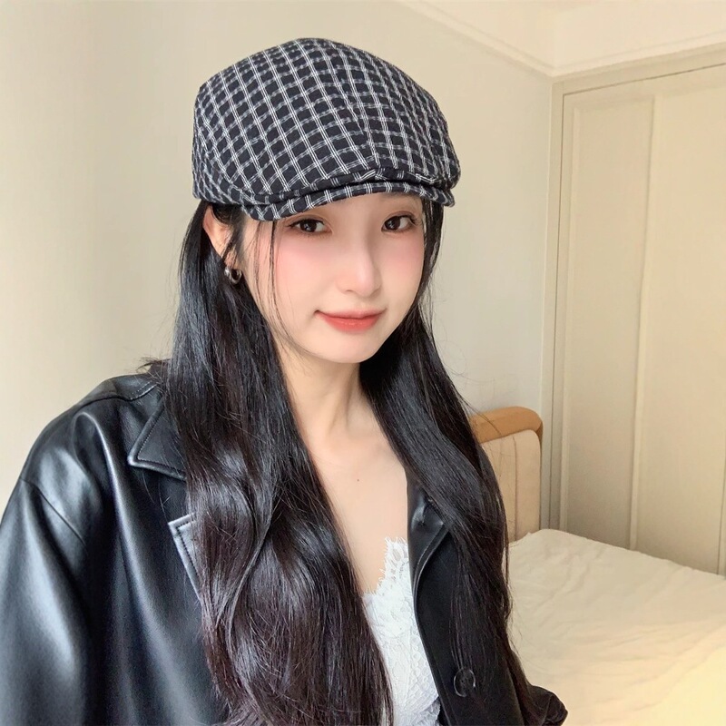 春先の新しいスタイルのチェック柄レトロスタイルフォワードハット女性用和風インスイート多用途ファッションリバースベレー帽トレンド|undefined