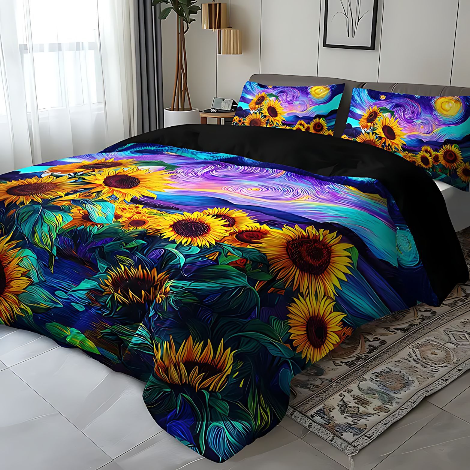 TEMU / JIT transfronterizo nueva estrella girasol impresión digital HD cómodo abrasivo colcha de colcha set de almohada