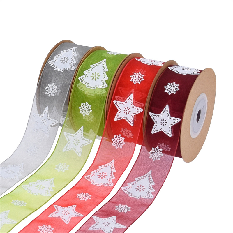 Transfronteriza 2,5 cm espuma de impresión árbol de Navidad cinta de hilo de nieve Navidad flores regalo embalaje cinta de poliéster en stock