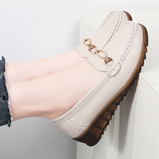Genuine Leather Women's Shoes New Soft Bottom Doudou Mom Shoes Comfortable Flat Beef Tendon Leather Shoes Women's Casual Non-slip Single-layer Shoes