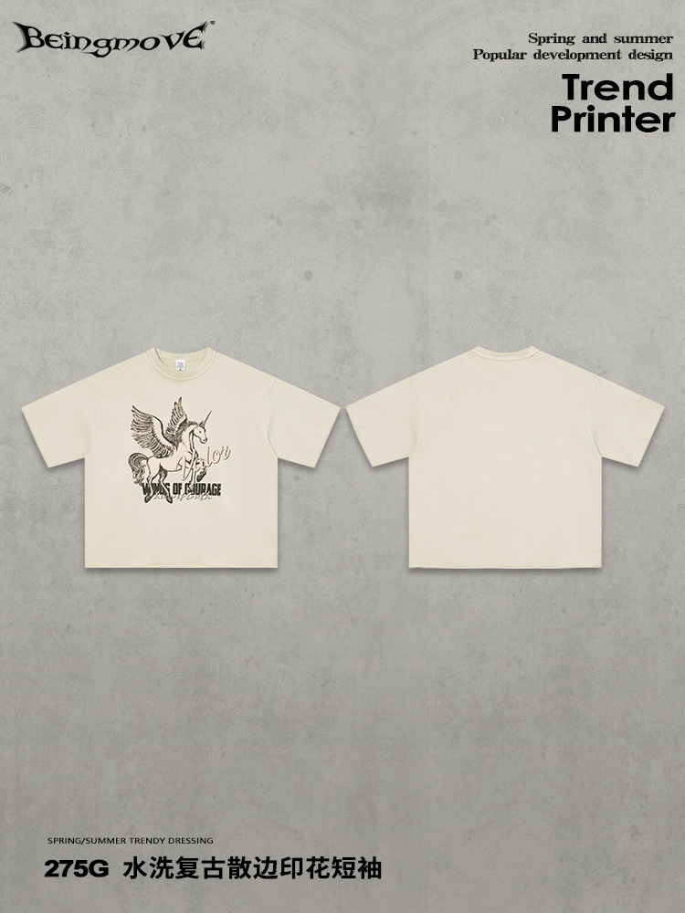 Calle secada| Verano estilo americano retro calle Pegasus unicornio impresión de manga corta marca de moda camiseta de hombro suelta