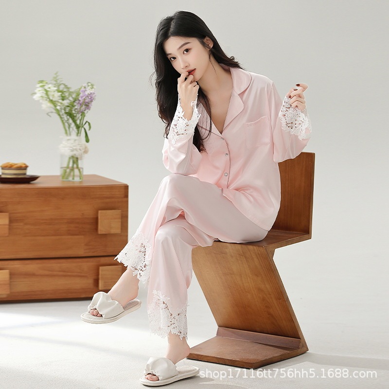 Luxurious and Carefully Selected Women's Pajamas Set with Long Sleeves and Lace Trim, Perfect for Home Wear or as a Birthday Gift, Pure and Alluring Style