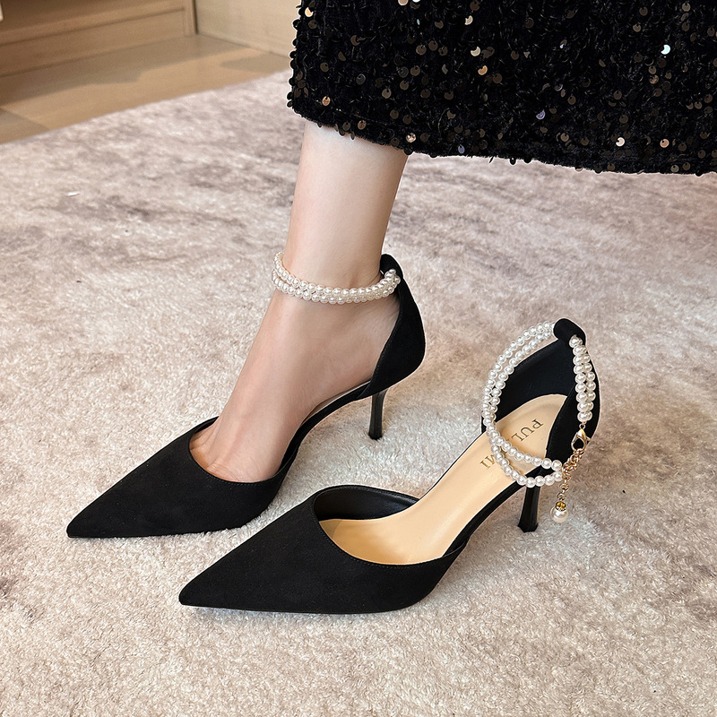 Black Suede Pearl Buckle High Heels Shallow Mouth Pointed Stiletto Heel Hole Shoes plus size Extra Wide Sandals Black Suede Pearl Buckle High Heels Shallow Mouth Pointed Stiletto Heel Hole Shoes plus size Extra Wide Sandals