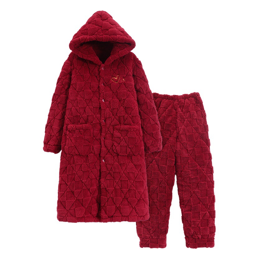 Pijamas de hombre de otoño e invierno de lana de coral de tres capas acolchadas engrosadas de lana forrada de invierno de color rojo brillante cálido traje de desgaste para el hogar