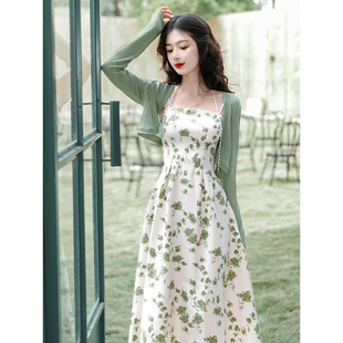 New Chinese Style Green Floral Suspender Dress for Women 2025 Summer Cardigan Cheongsam Two-Piece Set Pure Lust Style