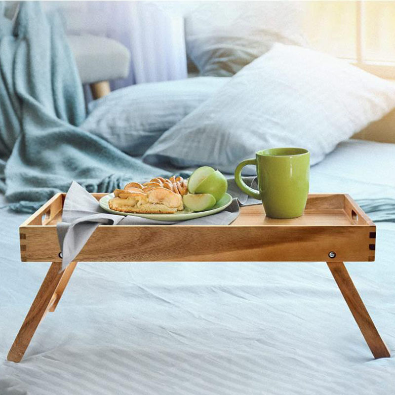 Wooden Tray with Legs Household Sofa Bed Breakfast Tray Acacia Wood Balcony Casual Coffee Tray with Bracket