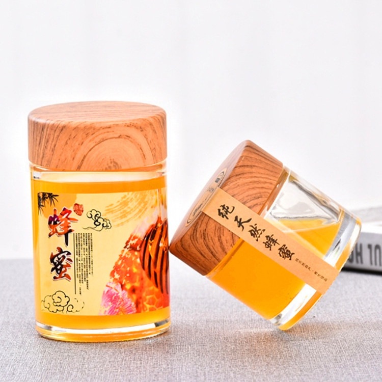 木纹盖大口圆形直筒蜂蜜玻璃瓶 一两斤小样分装密封家用加厚 批发