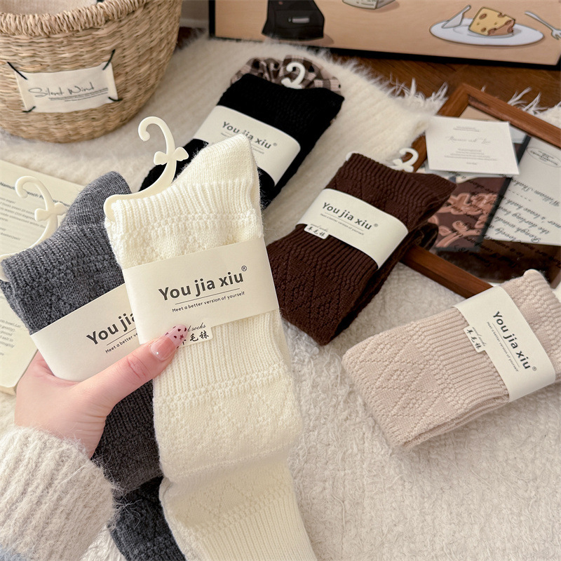 Youjiaxiu Japanese Retro Hollow-Out Warm Cashmere Calf Socks for Women, Knitted Slouch Socks, Autumn and Winter Long Socks