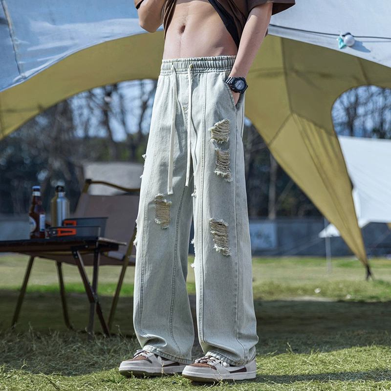 Мужские эластичные брюки весна 2025, джинсы в гонконгском стиле, свободные прямые, универсальные, модные, американский стиль, дропшипинг