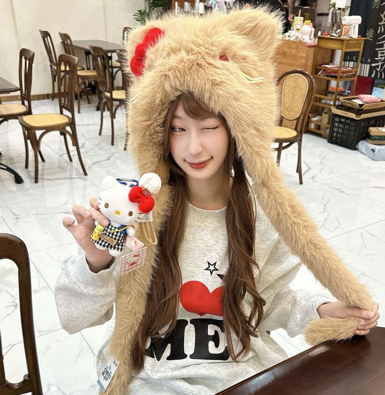 2025新款女冬季毛绒帽子韩系凯蒂猫蝴蝶结帽子可爱时尚保暖毛绒帽|undefined