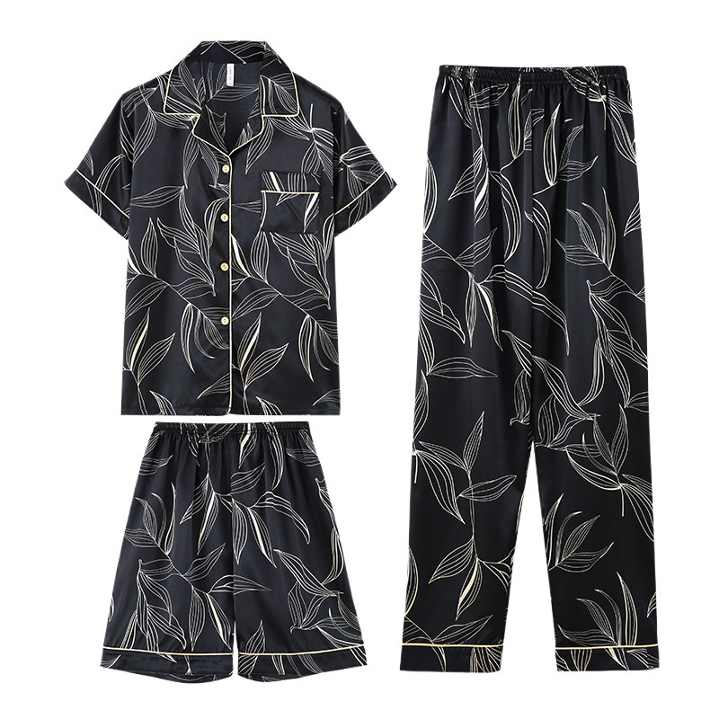 Pijamas japoneses ins pijamas hombres de seda de hielo de verano de manga corta casual de alta calidad de seda real de los hombres desgaste del hogar traje de tres piezas