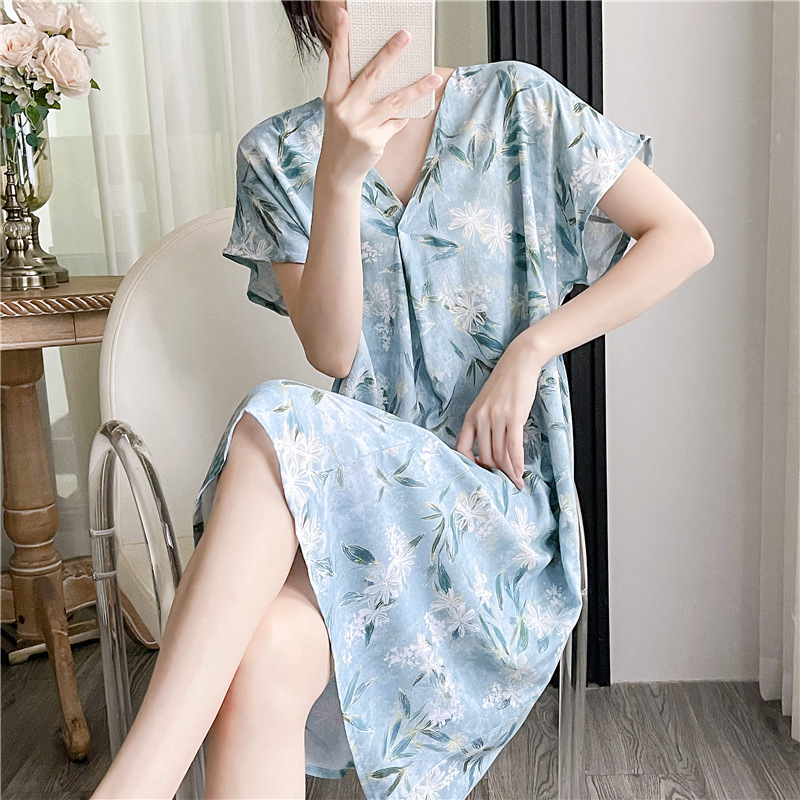 Camisón de seda de algodón para mujer verano nuevo Pijama estampado de dibujos animados de manga corta estilo coreano más tamaño ropa para el hogar suelta de seda de algodón delgada image 46