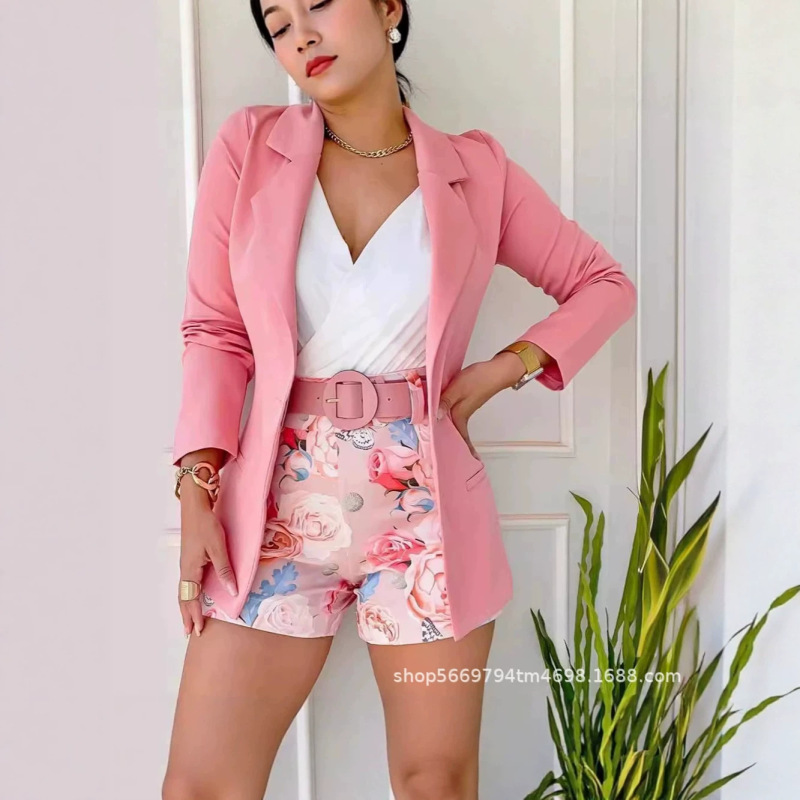 2026 Spring and Autumn New Style Pink Blazer with Printed Shorts Set Casual Fashion Two-Piece Set Cross-Border 2026 Spring and Autumn New Style Pink Blazer with Printed Shorts Set Casual Fashion Two-Piece Set Cross-Border