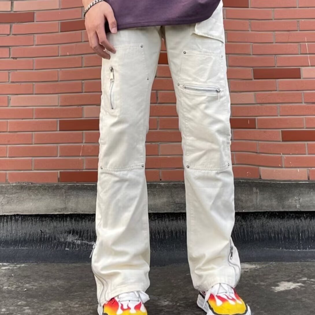 Unisex Boyfriend Style White Denim Jeans Rivet Design Straight Leg Trendy Floor Length Pants American High Street_mkmklike.com