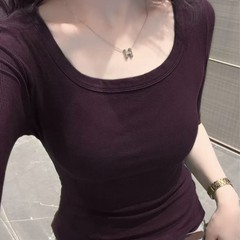 中袖大领时尚洋气恤女显瘦领螺纹新款上衣8877其他修身型绣花