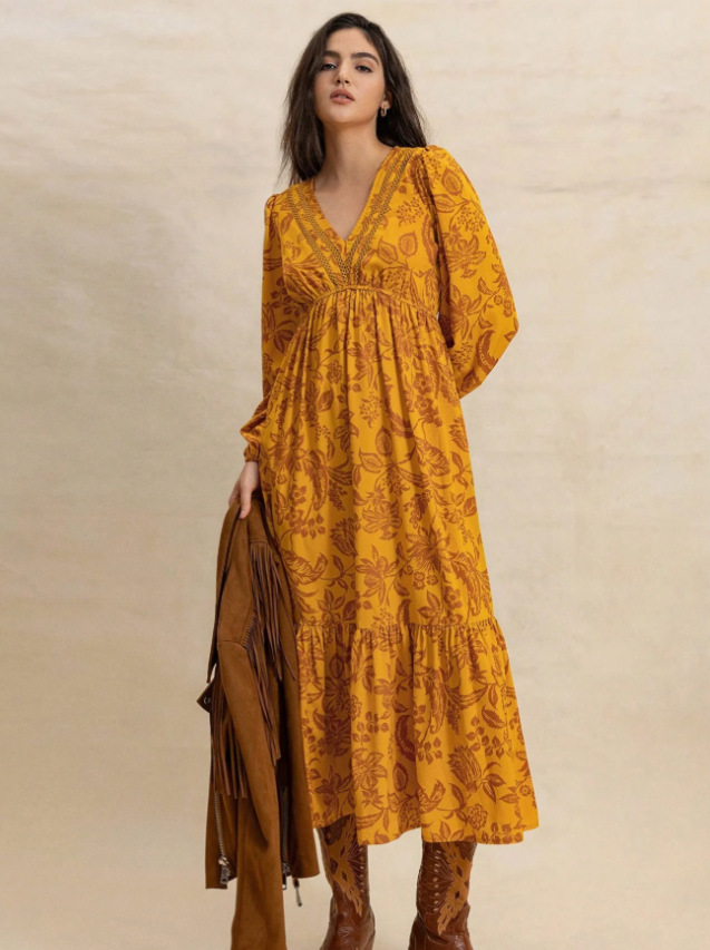 cross-border European And American Women's Clothing Summer New Printed V-neck Long-sleeve Dress_ecoleips.com