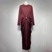 金属扣不规则下摆礼服连衣裙奢华女装圆领长袖气质长裙2025秋现货