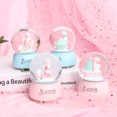 多款可愛卡通創意水晶球音樂八音盒學生朋友樹脂禮品飄雪彩燈擺件