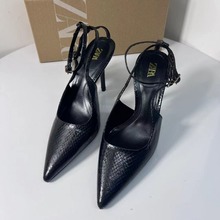 丁字形搭扣高跟凉鞋黑色蟒蛇纹细跟穆勒鞋2024年夏季新款ZA女鞋女