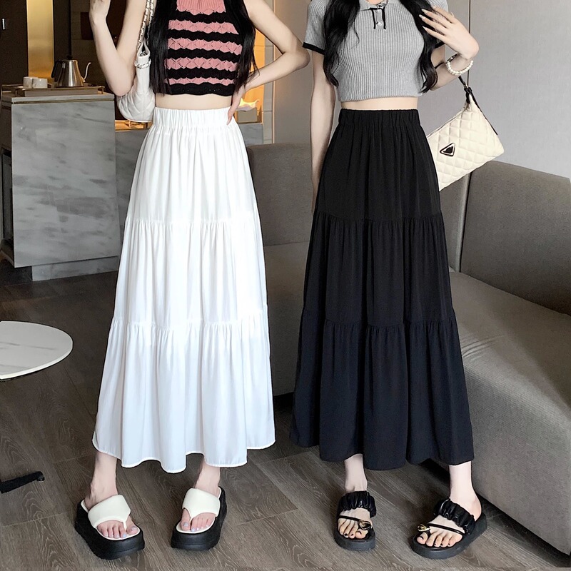 White High-Waisted Slimming Skirt for Women, Summer 2026 New Korean Style, Mid-Length A-Line Skirt with Elastic Waist