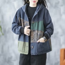 古咖服饰2023秋冬新款牛仔棉衣女式复古宽松加棉贴布文艺连帽外套