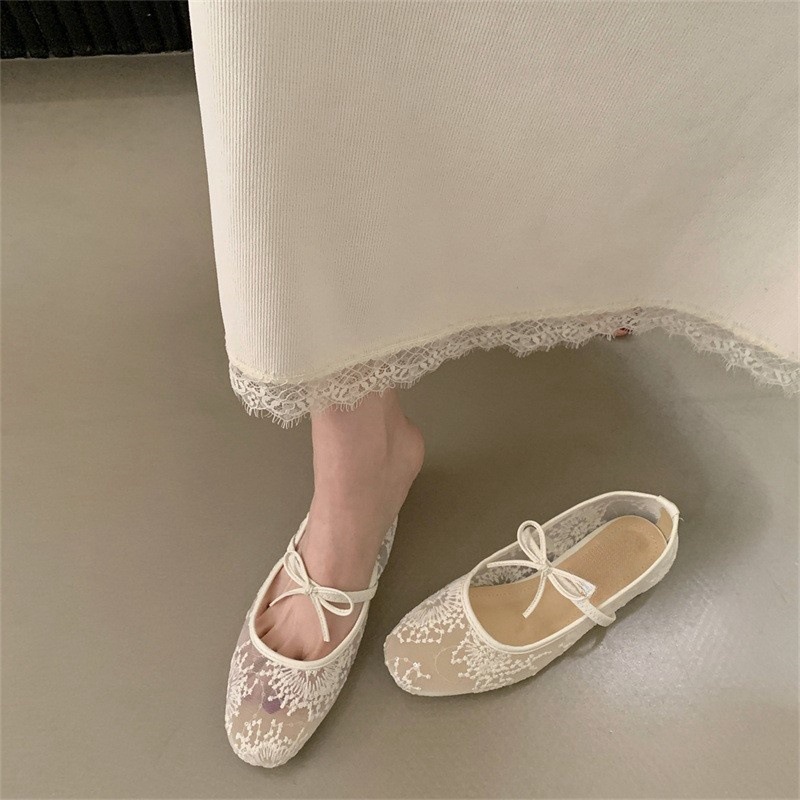 Cross-Border Gentle Evening Breeze Bow Ballet Shoes for Women New Fairy Hollow Mesh Lace Embroidered Shoes Single Shoes