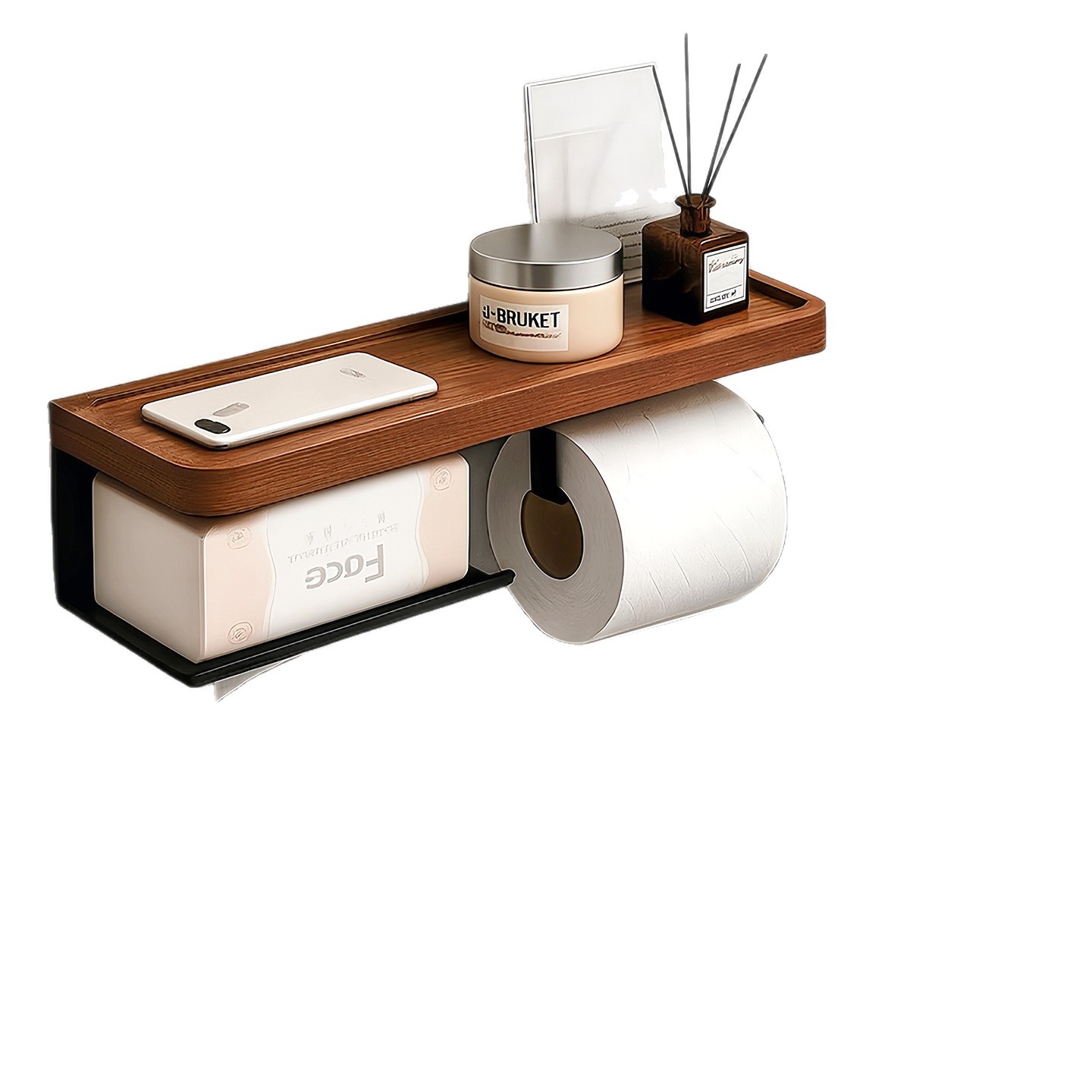 Baño de madera sólida colgada en la pared sin perforación de inodoro estante de papel de rollo de baño estante de almacenamiento de fragrancia de teléfono móvil caja de extracción de inodoro
