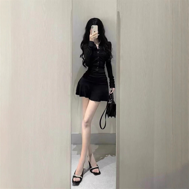 纯欲收腰褶皱短款衬衫连衣裙女秋季2025新款polo领收腰减龄伞裙|undefined