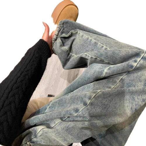 Design-inspired relaxed wide-leg jeans for women, summer American retro washed high-waisted slimming drag-down floor-length pants