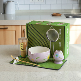Japanese-Style Hand-Painted Matcha Tea Set with Bamboo Whisk, Tea Scoop, Tea Strainer, and Matcha Bowl with Spout for Cross-Border Shipping