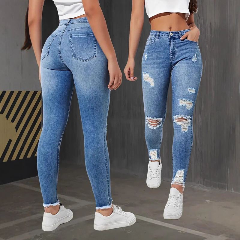Amazon Wish Cross-Border Export New Elastic Ripped Slim Fit Women's Jeans Fashion Pants Women's Clothing