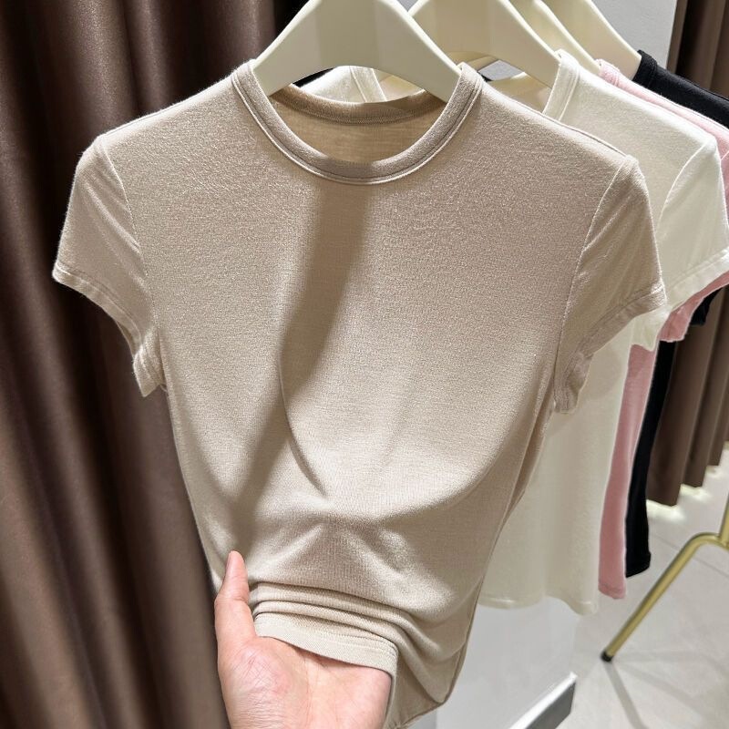 Soft and lightweight modal short-sleeve T-shirt for women, summer style with small flutter sleeves, regular shoulders, round neck, stretchy skin-friendly top, trendy