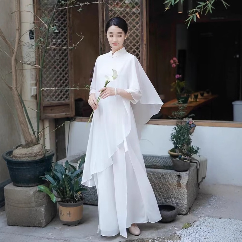 エレガントな禅茶服、妖精仏陀婦人服、中国風白い在家瞑想スーツ、ヨーロッパとアメリカのその他|undefined
