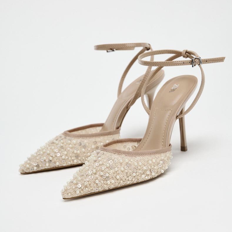 Rhinestone Pointed-Toe High Heels, Beige Closed-Toe Sandals, Mules with Open Back, European and American Style Shoes, European and American Style Party Shoes